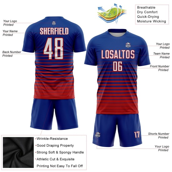 Benutzerdefinierte Royal Weiß-Rot Nadelstreifen Fade Fashion Sublimation Fußball Uniform Trikot Benutzerdefinierte Royal Weiß-Rot Nadelstreifen Fade Fashion Sublimation Fußball Uniform Trikot