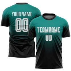 Benutzerdefinierte Aqua Weiß-Schwarz Sublimation Fade Fashion Fußball Uniform Jersey