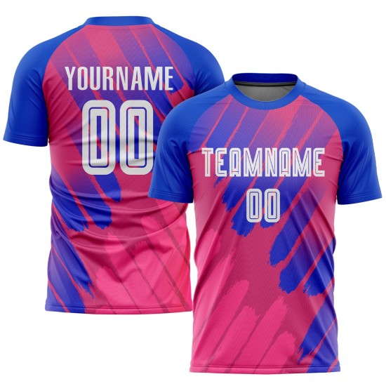 Benutzerdefiniertes drittes Sublimations-Fußballtrikot in Rosa-Weiß-Royal Benutzerdefiniertes drittes Sublimations-Fußballtrikot in Rosa-Weiß-Royal