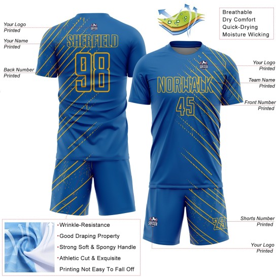 Benutzerdefiniertes Sublimations-Fußballtrikot mit blauen und goldenen Linien Benutzerdefiniertes Sublimations-Fußballtrikot mit blauen und goldenen Linien