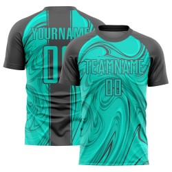 Benutzerdefinierte Aqua Steel Grey Abstract Fluid Sublimation Fußballuniform Trikot