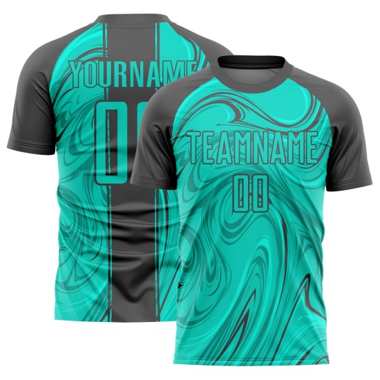 Benutzerdefinierte Aqua Steel Grey Abstract Fluid Sublimation Fußballuniform Trikot Benutzerdefinierte Aqua Steel Grey Abstract Fluid Sublimation Fußballuniform Trikot