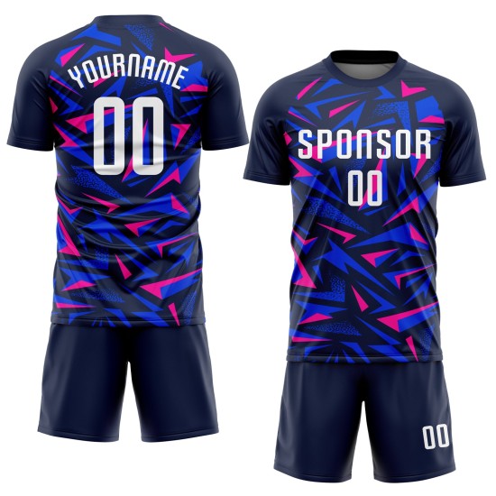 Benutzerdefiniertes Marineblaues Weiß-Rosa Sublimations-Fußballtrikot Benutzerdefiniertes Marineblaues Weiß-Rosa Sublimations-Fußballtrikot