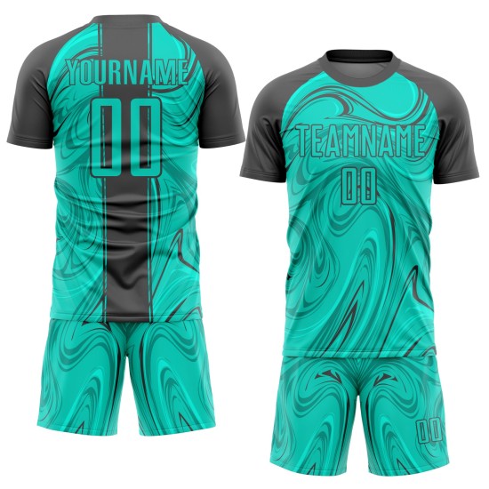 Benutzerdefinierte Aqua Steel Grey Abstract Fluid Sublimation Fußballuniform Trikot Benutzerdefinierte Aqua Steel Grey Abstract Fluid Sublimation Fußballuniform Trikot
