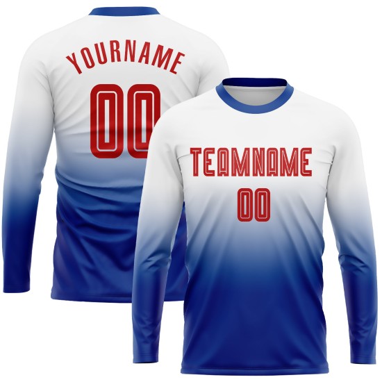 Benutzerdefinierte weiß rot-königliche Sublimation Langarm Fade Fashion Fußball Uniform Jersey Benutzerdefinierte weiß rot-königliche Sublimation Langarm Fade Fashion Fußball Uniform Jersey