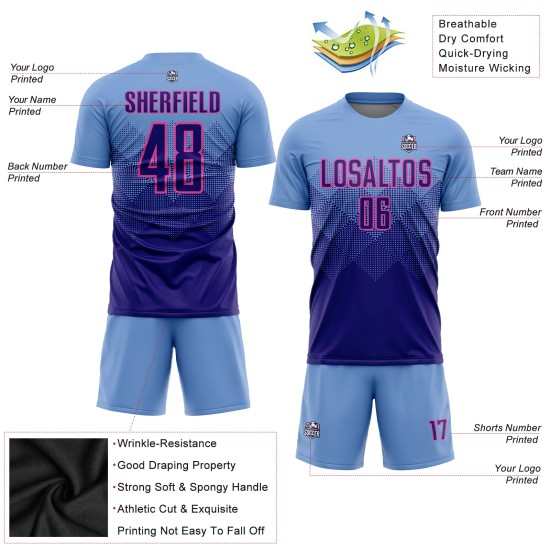 Benutzerdefinierte Hellblau Dunkellila-Rosa Sublimation Fußball Uniform Trikot Benutzerdefinierte Hellblau Dunkellila-Rosa Sublimation Fußball Uniform Trikot