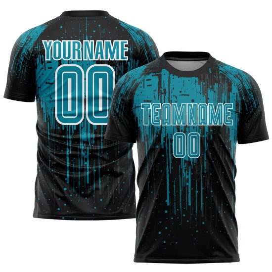 Benutzerdefiniertes blaugrünes schwarz-weißes Sublimations-Fußballtrikot Benutzerdefiniertes blaugrünes schwarz-weißes Sublimations-Fußballtrikot
