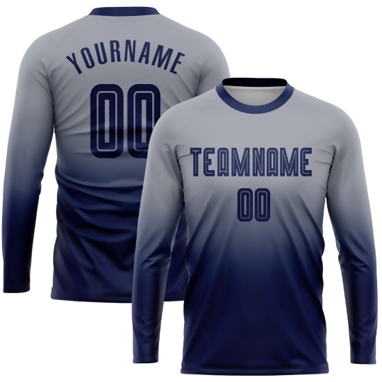 Benutzerdefinierte grau Marine Sublimation Langarm Fade Fashion Fußball Uniform Trikot Benutzerdefinierte grau Marine Sublimation Langarm Fade Fashion Fußball Uniform Trikot
