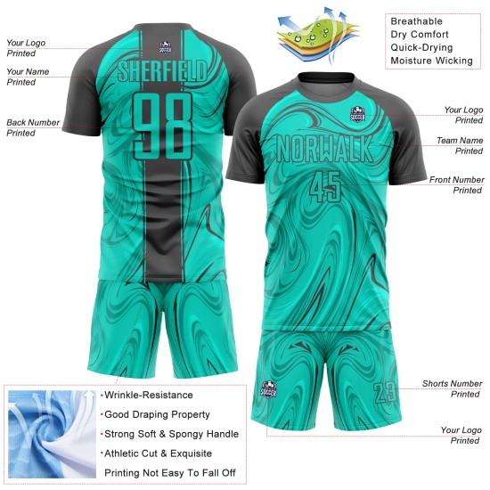 Benutzerdefinierte Aqua Steel Grey Abstract Fluid Sublimation Fußballuniform Trikot Benutzerdefinierte Aqua Steel Grey Abstract Fluid Sublimation Fußballuniform Trikot