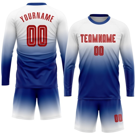 Benutzerdefinierte weiß rot-königliche Sublimation Langarm Fade Fashion Fußball Uniform Jersey Benutzerdefinierte weiß rot-königliche Sublimation Langarm Fade Fashion Fußball Uniform Jersey