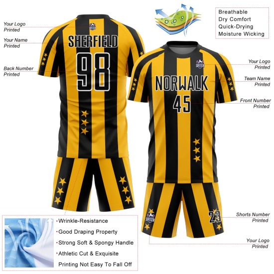 Benutzerdefinierte Gold Schwarz-Weiß Sterne Und Quadrate Sublimation Fußball Uniform Trikot Benutzerdefinierte Gold Schwarz-Weiß Sterne Und Quadrate Sublimation Fußball Uniform Trikot