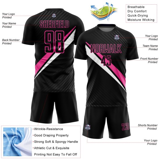 Benutzerdefinierte schwarz rosa-weiß diagonale Linien Sublimation Fußball Uniform Trikot Benutzerdefinierte schwarz rosa-weiß diagonale Linien Sublimation Fußball Uniform Trikot