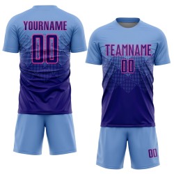 Benutzerdefinierte Hellblau Dunkellila-Rosa Sublimation Fußball Uniform Trikot