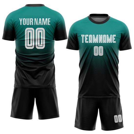 Benutzerdefinierte Aqua Weiß-Schwarz Sublimation Fade Fashion Fußball Uniform Jersey Benutzerdefinierte Aqua Weiß-Schwarz Sublimation Fade Fashion Fußball Uniform Jersey