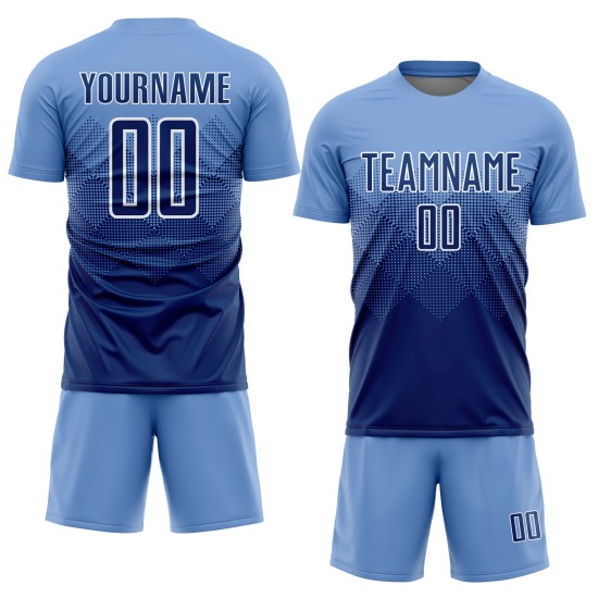 Benutzerdefiniertes hellblaues, marineblaues und weißes Sublimations-Fußballtrikot Benutzerdefiniertes hellblaues, marineblaues und weißes Sublimations-Fußballtrikot