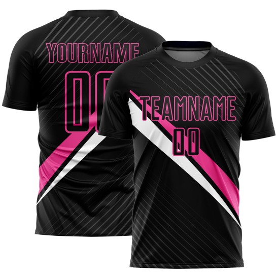 Benutzerdefinierte schwarz rosa-weiß diagonale Linien Sublimation Fußball Uniform Trikot Benutzerdefinierte schwarz rosa-weiß diagonale Linien Sublimation Fußball Uniform Trikot