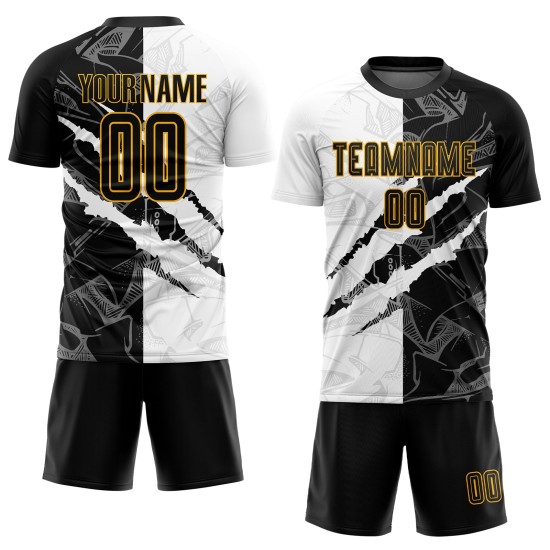 Benutzerdefinierte Graffiti Muster Schwarz-Gold Scratch Sublimation Fußball Uniform Trikot