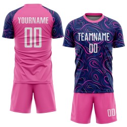 Benutzerdefiniertes Marineblaues Weiß-Rosa Sublimations-Fußballtrikot Benutzerdefiniertes Marineblaues Weiß-Rosa Sublimations-Fußballtrikot